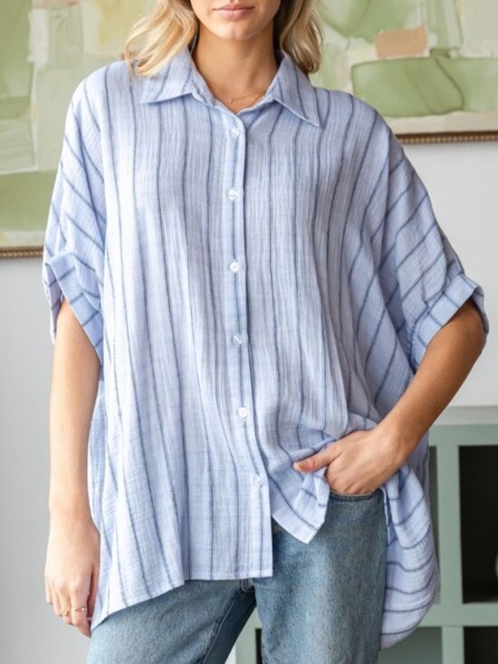 Veveret Tops - T11. Blue Striped Oversized Button-Down Shirt